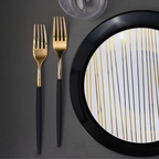 Black and gold round plastic forks modern elegant tableware for celebrations from Parte Haus party supply store in Bethesda MD