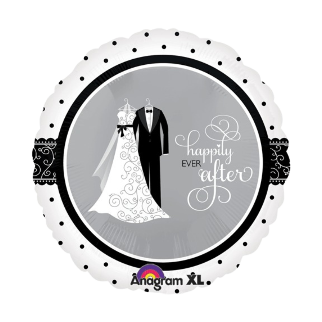 Black and white wedding foil balloon with tuxedo and dress graphic for wedding theme from Parte Haus party supply store in Bethesda Maryland