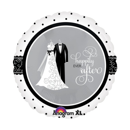 Black and white wedding foil balloon with tuxedo and dress graphic for wedding theme from Parte Haus party supply store in Bethesda Maryland