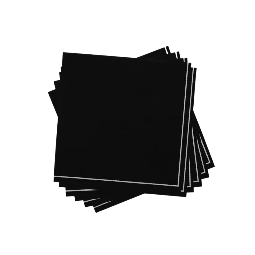 Black with silver stripe cocktail paper napkins elegant design from Parte Haus party supply store in Bethesda MD.