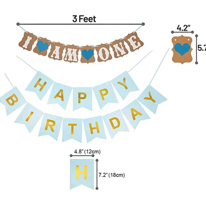 Blue happy birthday banner decoration kit first birthday theme from Parte Haus party supply store in Bethesda MD
