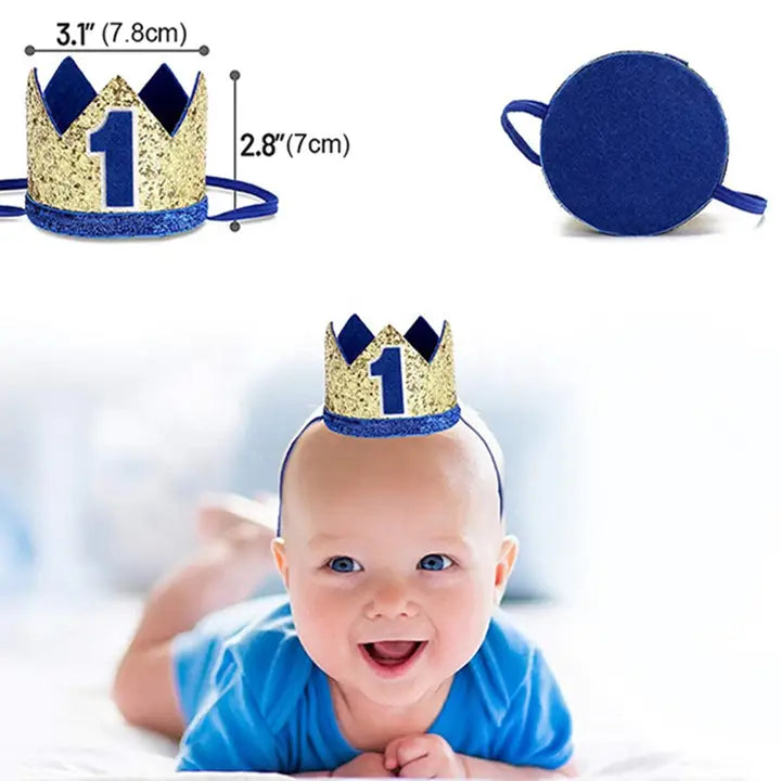 Blue and gold first birthday crown hat for baby boy first birthday from Parte Haus party supply store in Bethesda Maryland