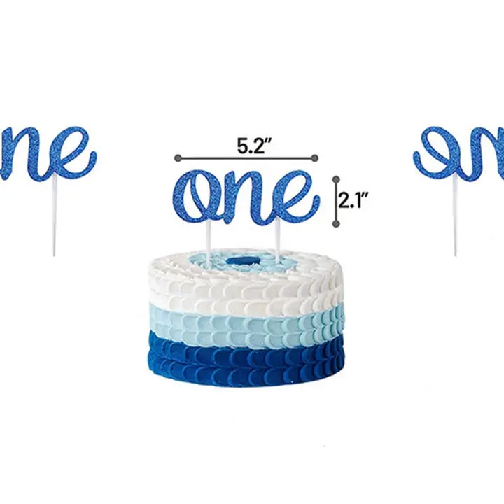 Blue glitter first birthday cake topper on ombre cake first birthday theme from Parte Haus party supply store in Bethesda MD.
