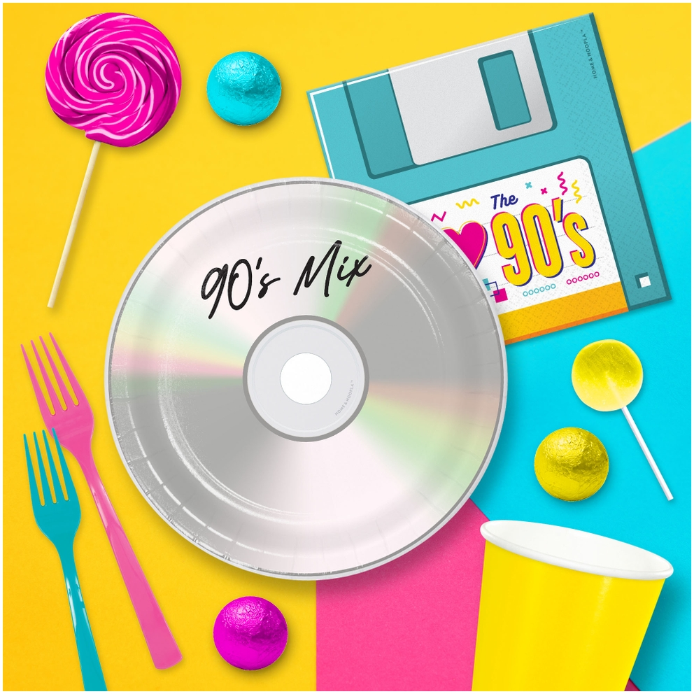 Blue 90s theme floppy disk cocktail napkins with retro design for 90s party from Parte Haus party supply store in Bethesda MD
