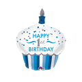 Blue cupcake foil balloon with candle for 1st birthday from Parte Haus party supply store in Bethesda Maryland