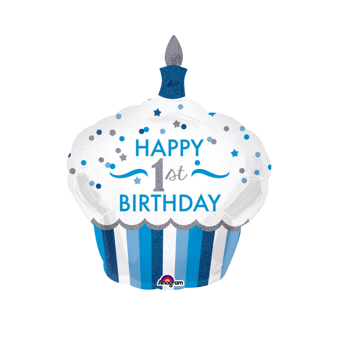 Blue cupcake foil balloon with candle for 1st birthday from Parte Haus party supply store in Bethesda Maryland