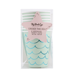 Blue green mermaid tail cups with wave patterns under the sea theme from Parte Haus party supply store in Bethesda MD