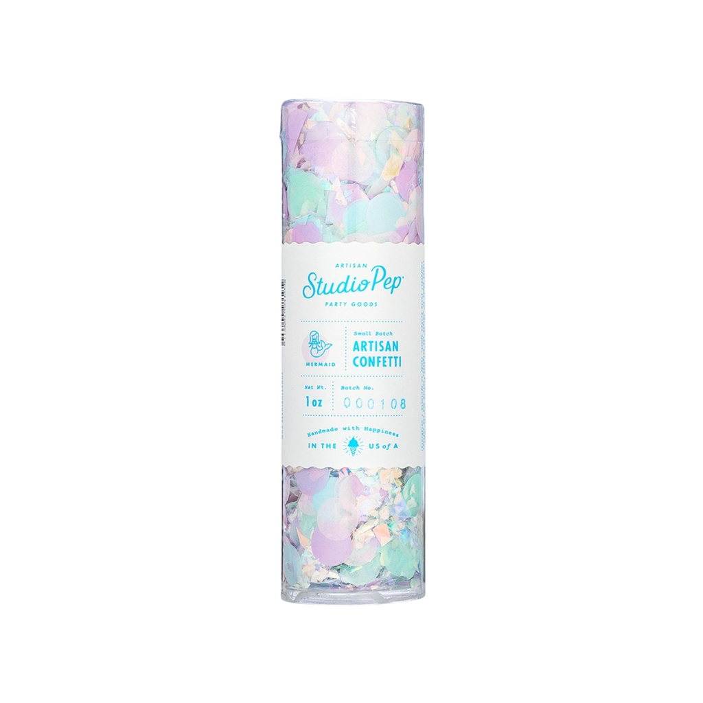 Blue mermaid confetti tube with pastel circle pieces for birthday from Parte Haus party supply store in Bethesda MD