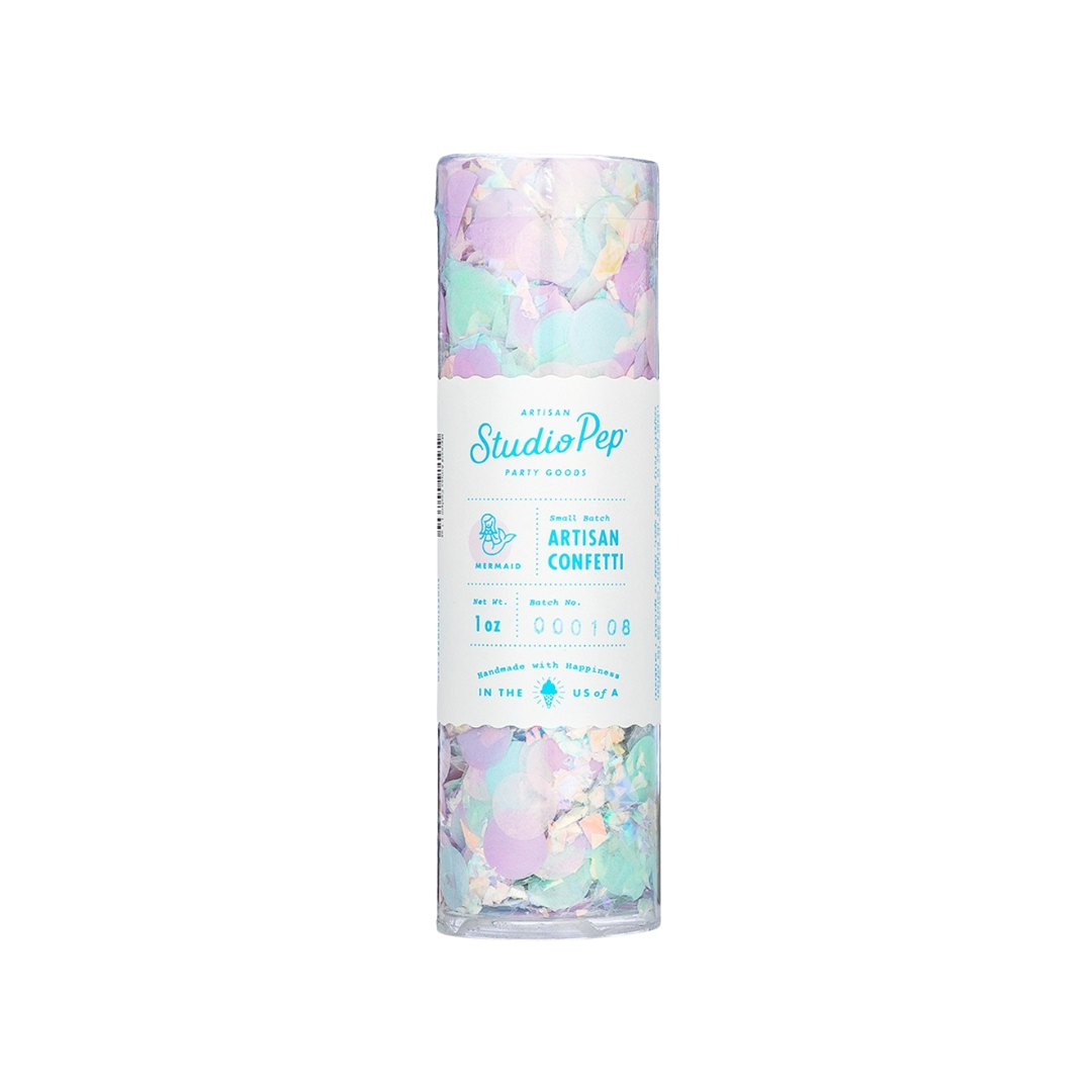 Blue mermaid confetti tube with pastel circle pieces for birthday from Parte Haus party supply store in Bethesda MD