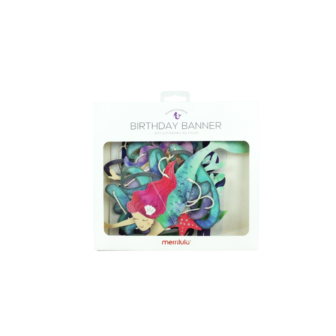 Blue mermaid and narwhal birthday banner with ocean theme from Parte Haus party supply store in Bethesda Maryland