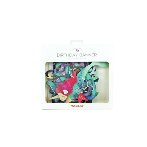 Blue mermaid and narwhal birthday banner with ocean theme from Parte Haus party supply store in Bethesda Maryland