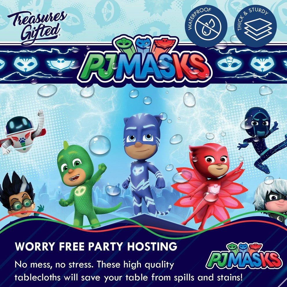 Blue PJ Masks tablecloth with cartoon superheroes for kids birthday from Parte Haus party supply store in Bethesda MD