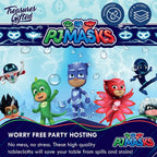 Blue PJ Masks tablecloth with cartoon superheroes for kids birthday from Parte Haus party supply store in Bethesda MD