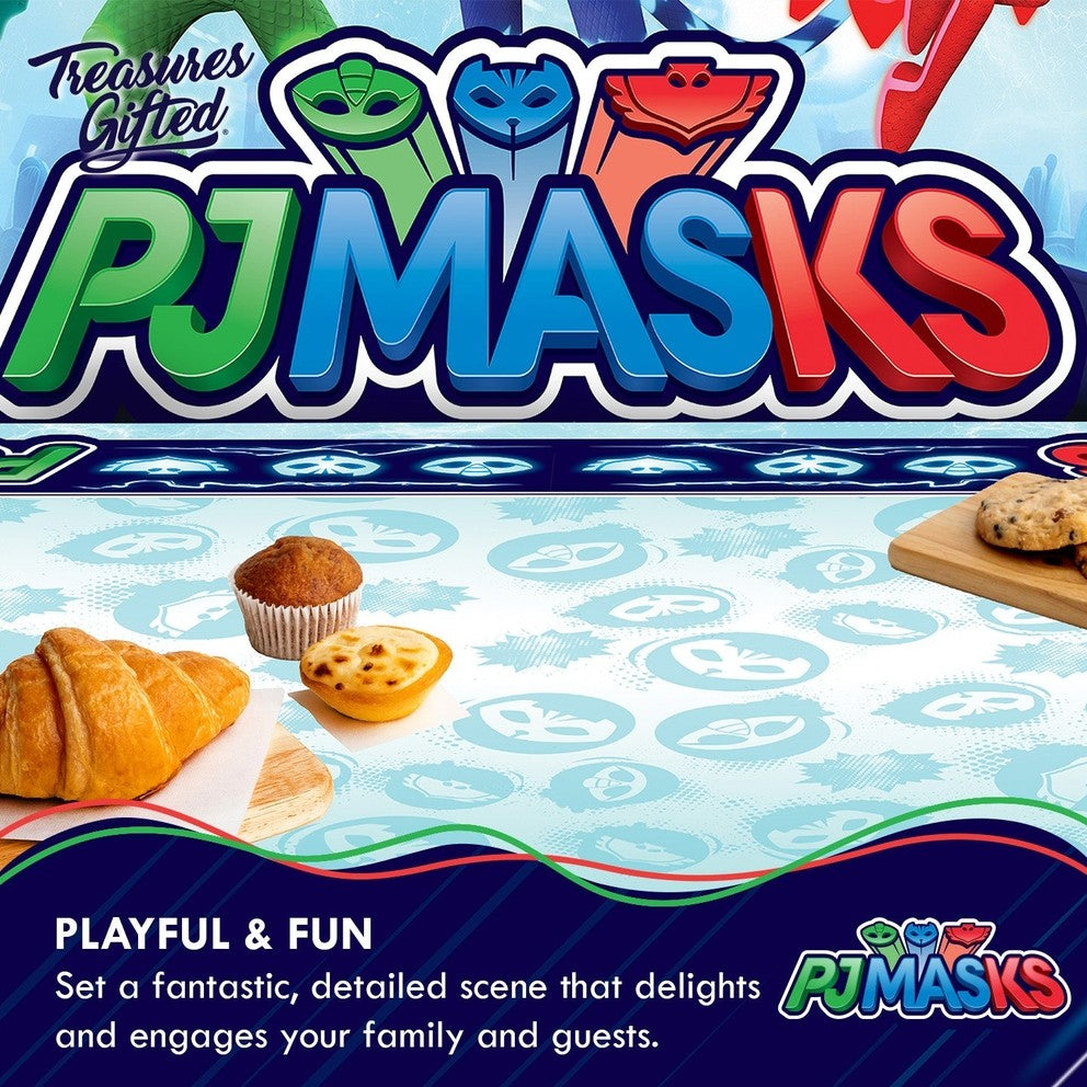 Blue PJ Masks tablecloth with character faces for kids birthday at Parte Haus party supply store in Bethesda MD