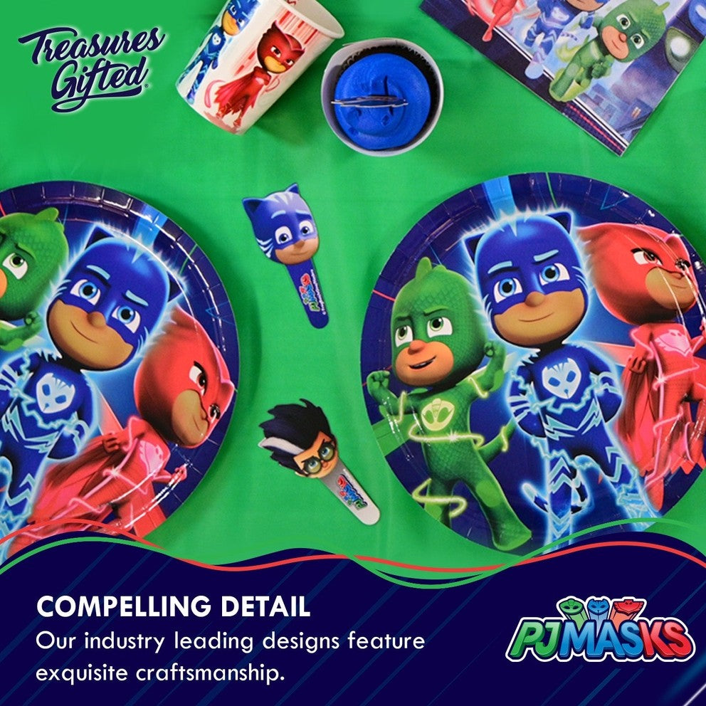 Blue PJ Masks tablecloth and plates with superhero characters for kids birthday from Parte Haus party supply store in Bethesda MD