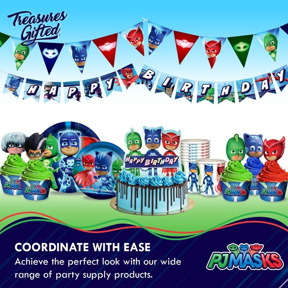 Blue PJ Masks tablecloth with cartoon characters for kids birthday from Parte Haus party supply store in Bethesda MD