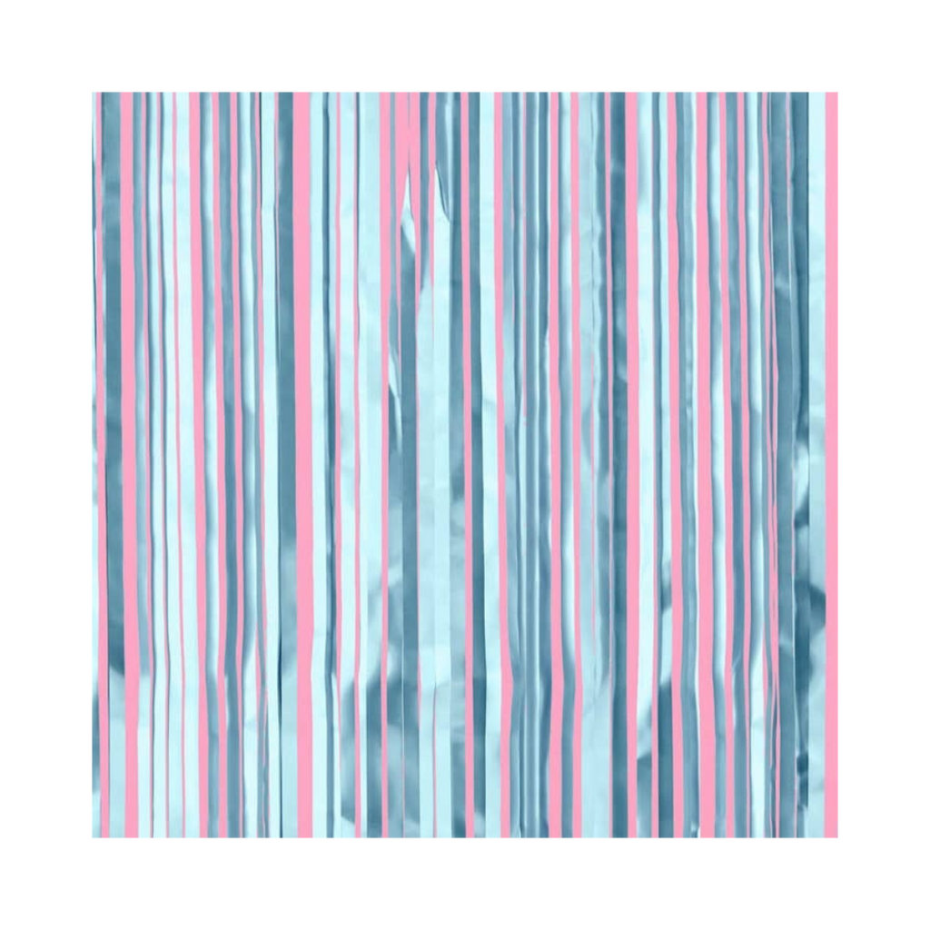 Matte blue foil curtain with pink and light blue stripes for birthday from Parte Haus party supply store in Bethesda MD