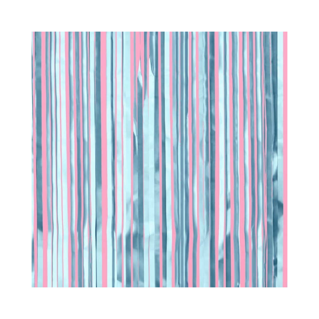 Matte blue foil curtain with pink and light blue stripes for birthday from Parte Haus party supply store in Bethesda MD