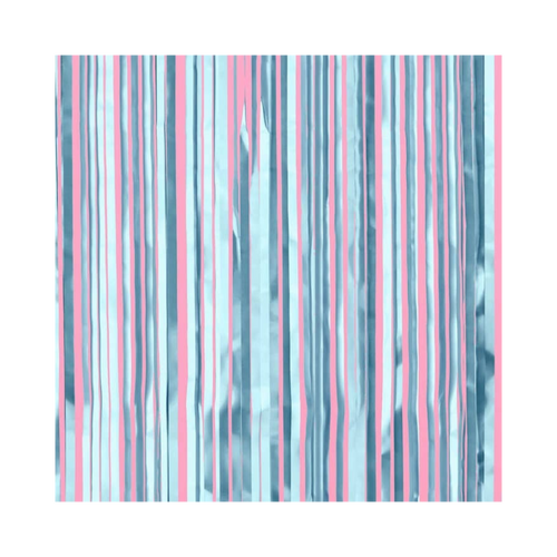 Matte blue foil curtain with pink and light blue stripes for birthday from Parte Haus party supply store in Bethesda MD