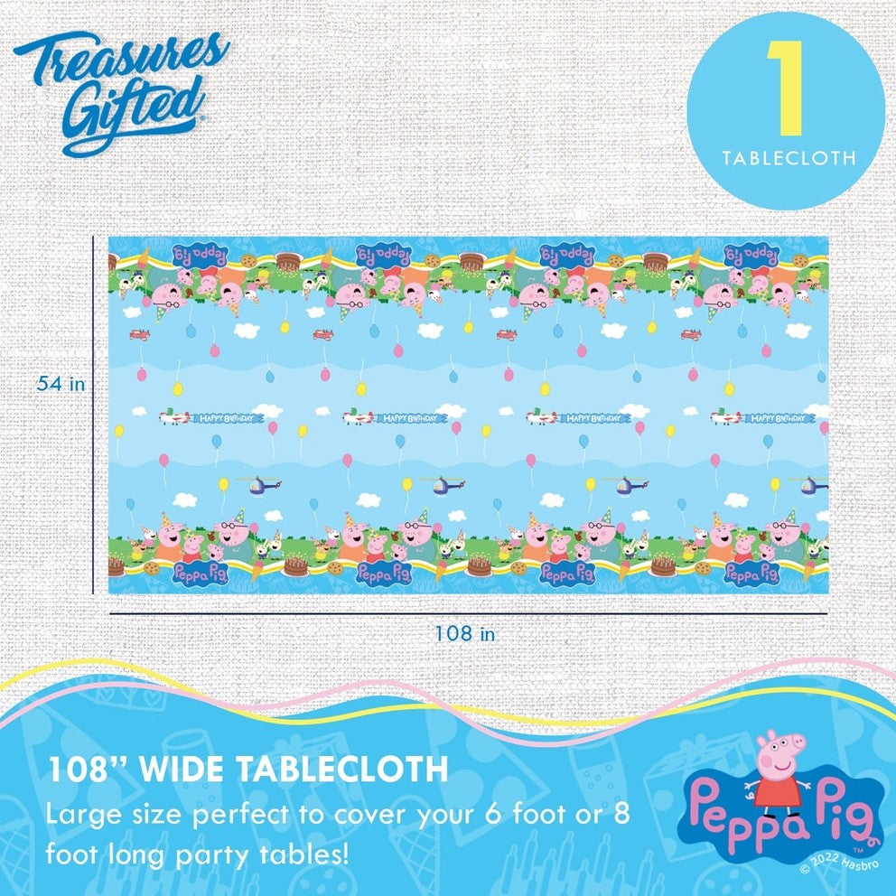 Blue Peppa Pig tablecloth with cartoon Peppa Pig characters and balloons birthday party from Parte Haus party supply store in Bethesda MD