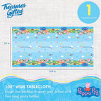 Blue Peppa Pig tablecloth with cartoon Peppa Pig characters and balloons birthday party from Parte Haus party supply store in Bethesda MD