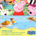 Blue Peppa Pig table cover with colorful Peppa Pig characters birthday party from Parte Haus party supply store in Bethesda Maryland
