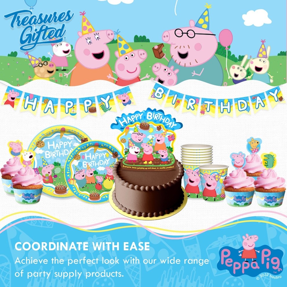 Blue Peppa Pig table cover with Peppa Pig characters for birthday from Parte Haus party supply store in Bethesda Maryland