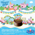 Blue Peppa Pig table cover with Peppa Pig characters for birthday from Parte Haus party supply store in Bethesda Maryland