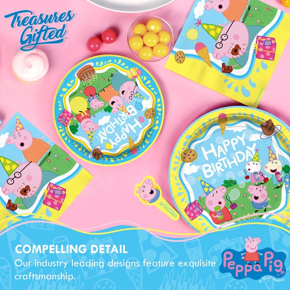 Blue Peppa Pig table cover with Peppa Pig and friends birthday theme from Parte Haus party supply store in Bethesda MD