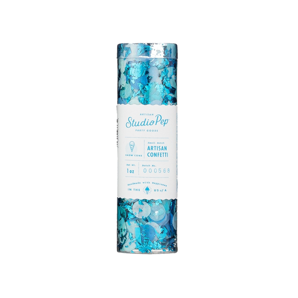 Blue snow cone artisan confetti in a clear tube for celebrations from Parte Haus party supply store in Bethesda MD