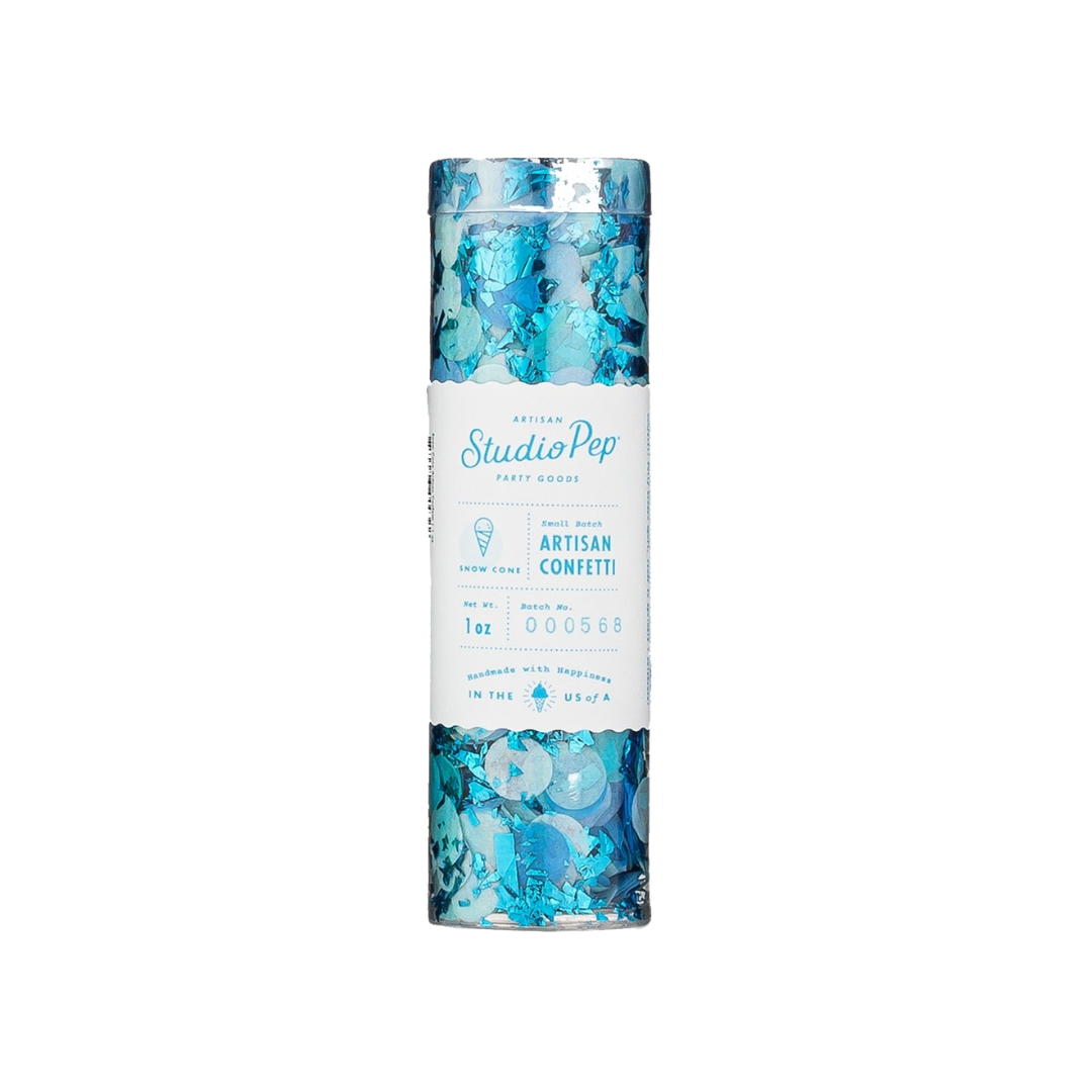 Blue snow cone artisan confetti in a clear tube for celebrations from Parte Haus party supply store in Bethesda MD