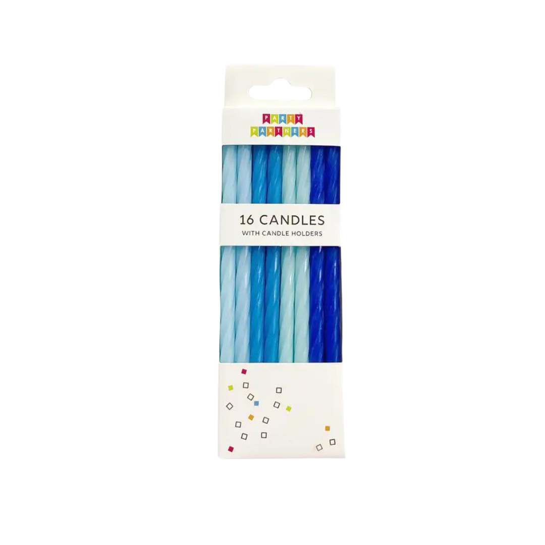 Blue spiral birthday candle set with assorted blue shades from Parte Haus party supply store in Bethesda Maryland