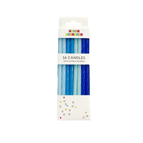 Blue spiral birthday candle set with assorted blue shades from Parte Haus party supply store in Bethesda Maryland