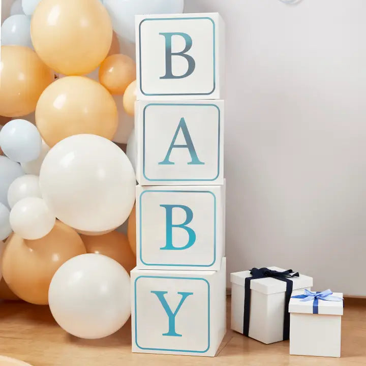 Blue baby jumbo blocks with balloons and gift boxes baby shower from Parte Haus party supply store in Bethesda MD