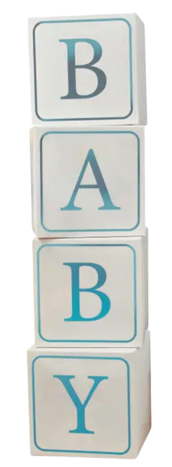 Blue baby jumbo blocks stacked decor for baby shower theme from Parte Haus party supply store in Bethesda Maryland