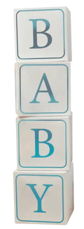 Blue baby jumbo blocks stacked decor for baby shower theme from Parte Haus party supply store in Bethesda Maryland