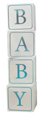 Blue baby jumbo blocks stacked decor for baby shower theme from Parte Haus party supply store in Bethesda Maryland
