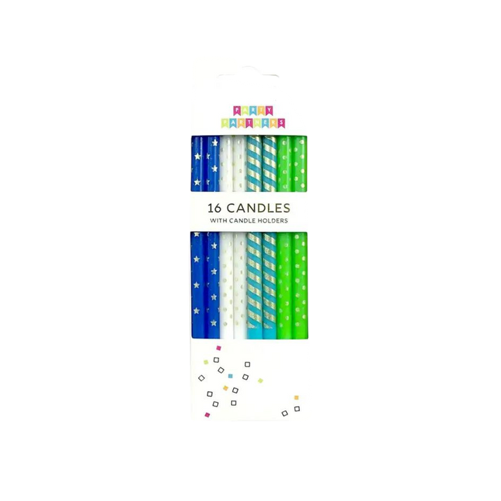 Blue and Green Metallic Patterned Candle Set - 16 pk