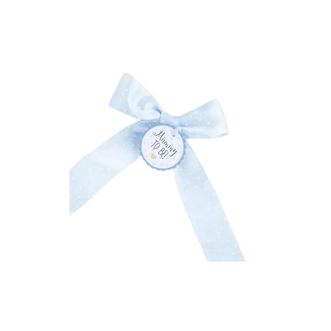 Blue sash ribbon with mummy to be text and bow for baby shower from Parte Haus party supply store in Bethesda Maryland