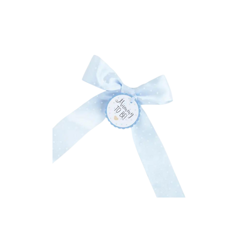 Blue sash ribbon with mummy to be text and bow for baby shower from Parte Haus party supply store in Bethesda Maryland
