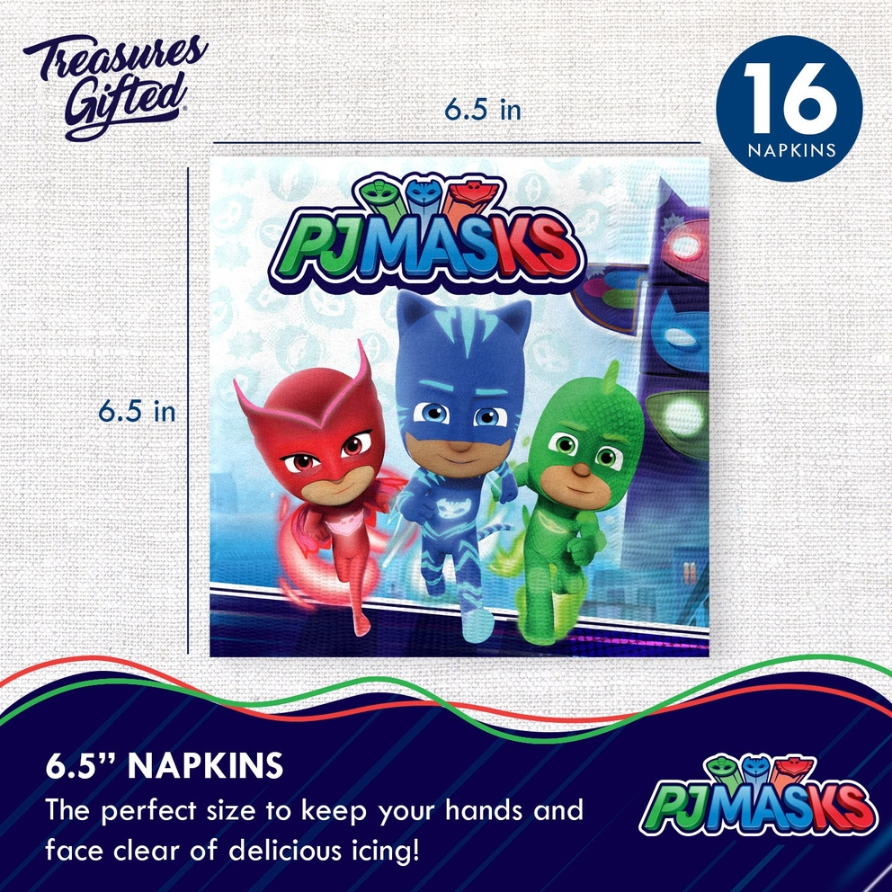 Blue PJ Masks dinner napkins with three cartoon heroes birthday theme from Parte Haus party supply store in Bethesda MD