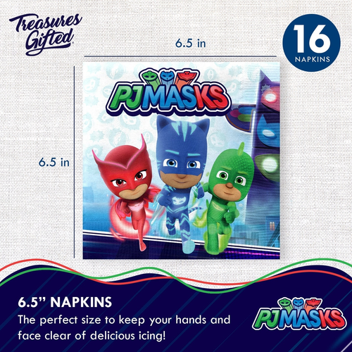 Blue PJ Masks dinner napkins with three cartoon heroes birthday theme from Parte Haus party supply store in Bethesda MD