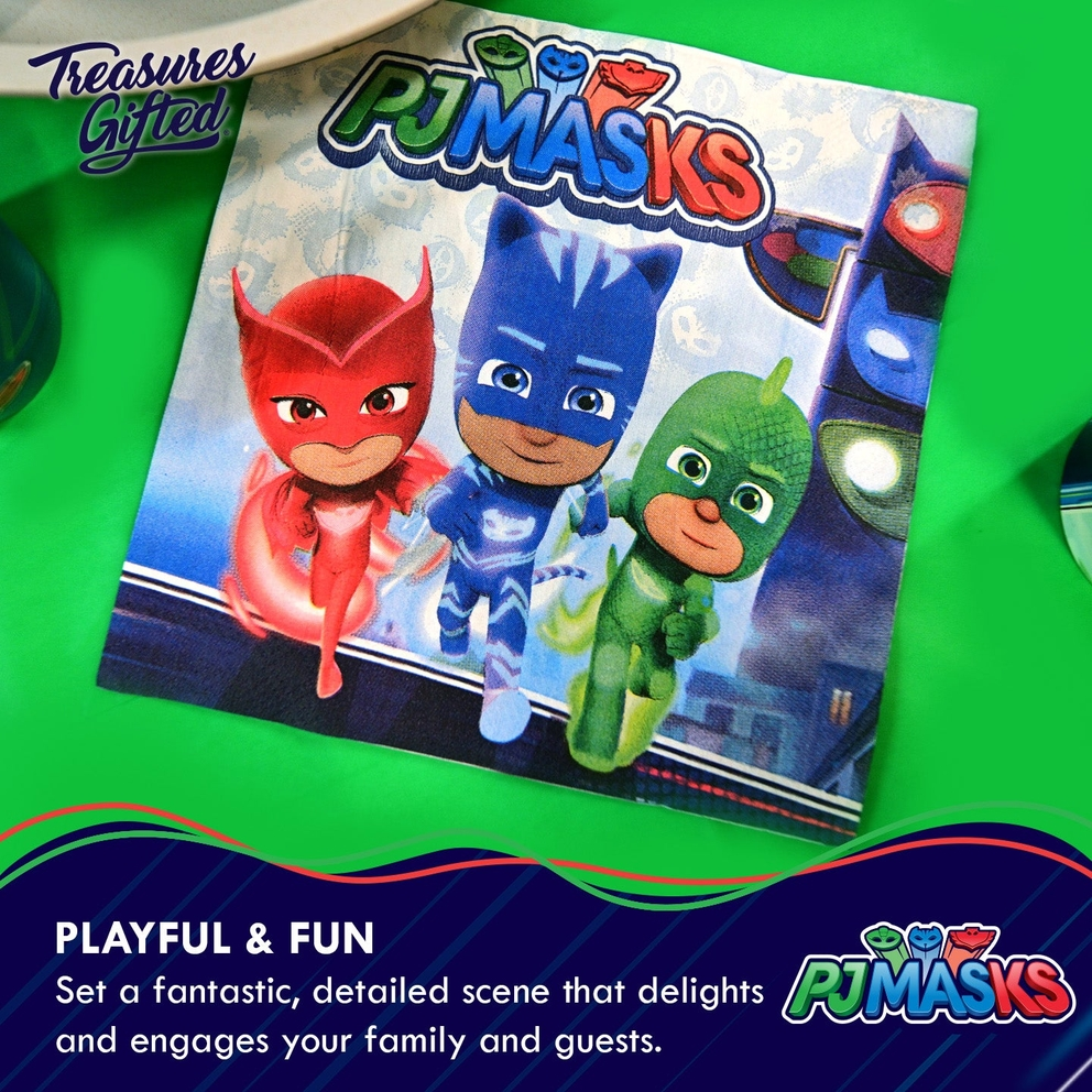 Blue PJ Masks dinner napkin with Catboy Owlette and Gekko design for kids birthday from Parte Haus party supply store in Bethesda MD