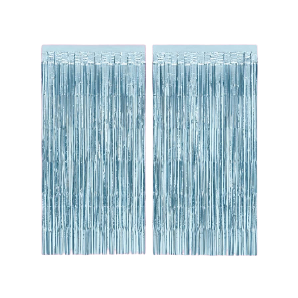 Matte blue foil curtain with shimmering fringe for birthday or celebration from Parte Haus party supply store in Bethesda Maryland