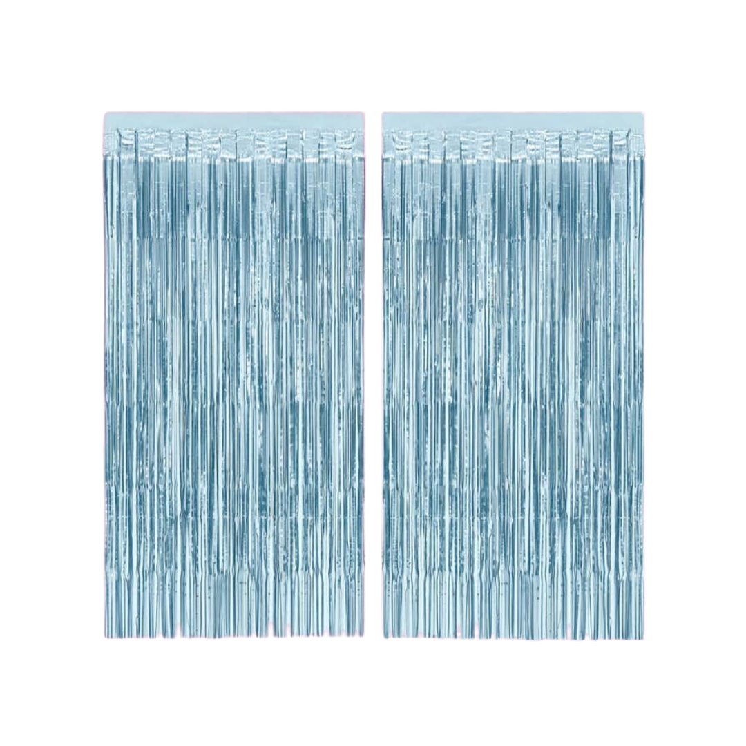 Matte blue foil curtain with shimmering fringe for birthday or celebration from Parte Haus party supply store in Bethesda Maryland