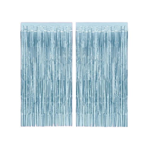 Matte blue foil curtain with shimmering fringe for birthday or celebration from Parte Haus party supply store in Bethesda Maryland