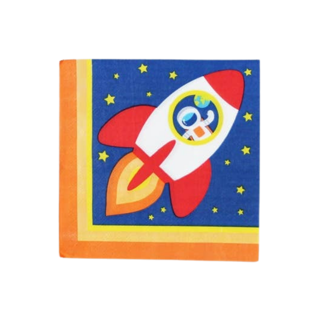 Blue space dinner napkin with red rocket and stars kids birthday from Parte Haus party supply store in Bethesda MD.