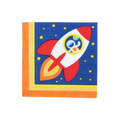 Blue space dinner napkin with red rocket and stars kids birthday from Parte Haus party supply store in Bethesda MD.