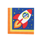 Blue space dinner napkin with red rocket and stars kids birthday from Parte Haus party supply store in Bethesda MD.