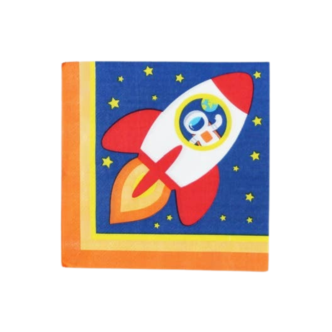 Blue space dinner napkin with red rocket and stars kids birthday from Parte Haus party supply store in Bethesda MD.